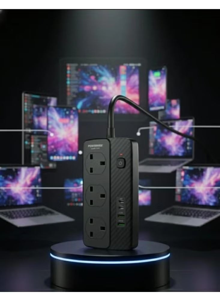 PowerMax 7-in-1 3500W Power Strip, 3 x Plug Protectors, 2 USB Ports, 2-Outlet Power Supply Station for Desktop, Ideal for All Electronic Devices, MX51 Power Strip - Image 2